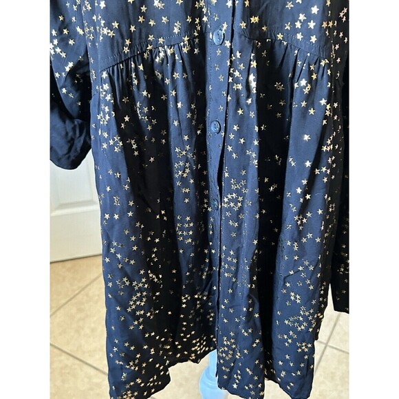 Solitaire Anthropology Black Stars Gold Roll Tab Long Sleeve Size Medium Button - Picture 10 of 16